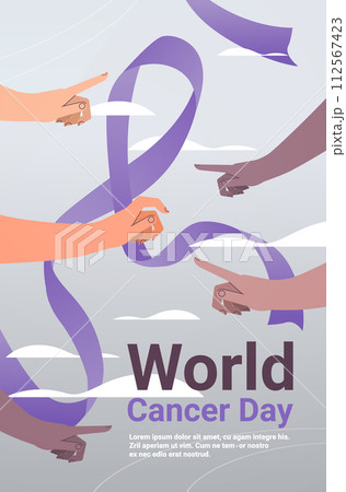 mix race human hand pointing finger on purple ribbon world cancer day breast disease awareness prevention poster 4 february v 112567423
