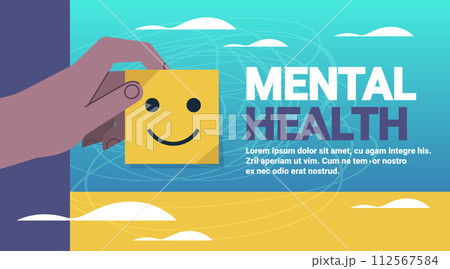 human hand holding sticker with happy smile emotions mental health awareness month banner copy space horizontal human hand holding sticker with happy smile emotions mental health awareness month banner copy space horizontal 112567584
