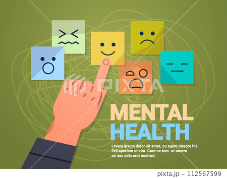 human hand pointing finger at smile sticker mental health awareness month banner copy space 112567599