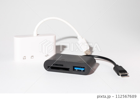Black and White USB-C to USB 3.0 and SDMicroSD Memory Card Reader Adapters, 3-in-1 Multiport Hub Black and White USB-C to USB 3.0 and SDMicroSD Memory Card Reader Adapters, 3-in-1 Multiport Hub 112567689