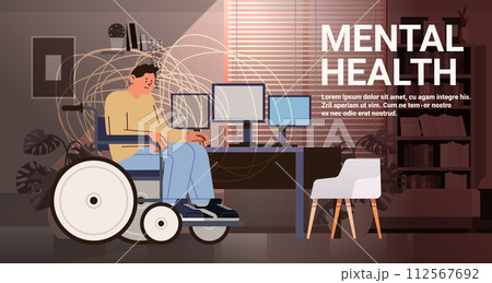 sad disabled man sitting in wheelchair depressed guy suffering from psychological diseases anxiety mental health awareness month concept sad disabled man sitting in wheelchair depressed guy suffering from psychological diseases anxiety mental health awareness month concept 112567692
