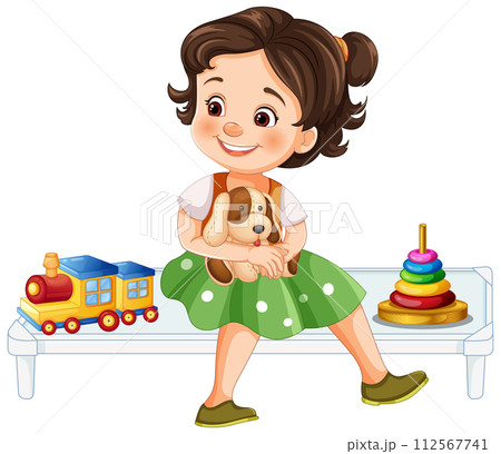 Happy Child with Toys and Puppy 112567741