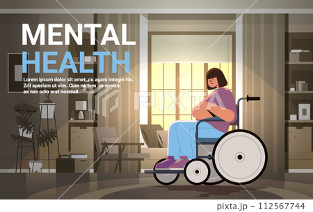 sad disabled woman sitting in wheelchair depressed girl suffering from psychological diseases anxiety mental health awareness month concept 112567744