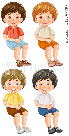 Happy Cartoon Boys Sitting Together 112567797