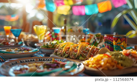 Traditional Mexican Feast, Fresh Tacos, Cinco De Mayo, Vibrant Festive Table Decor, AI Generated 112568074