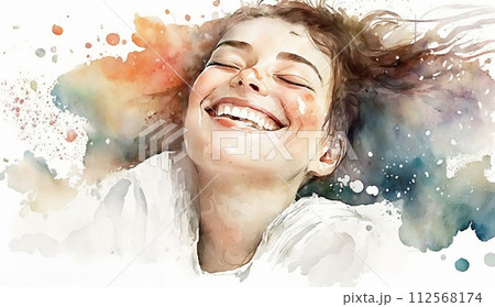 幸せそうな女性の笑顔の水彩画