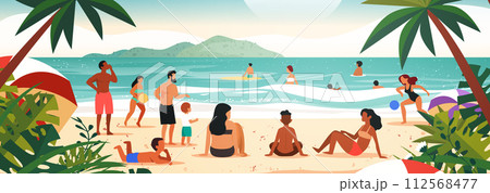 mix race tourists relaxing on tropical beach people enjoying summer vacation time to travel concept seascape background 112568477