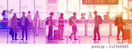passengers with luggage in arrival waiting room or departure lounge international airport terminal interior horizontal 112568485