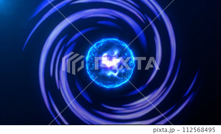 Blue purple particle plasma sphere with glowing fractal rotating vortex, orb with energy liquid core and shiny magic field scientific futuristic hi-tech abstract background. 112568495