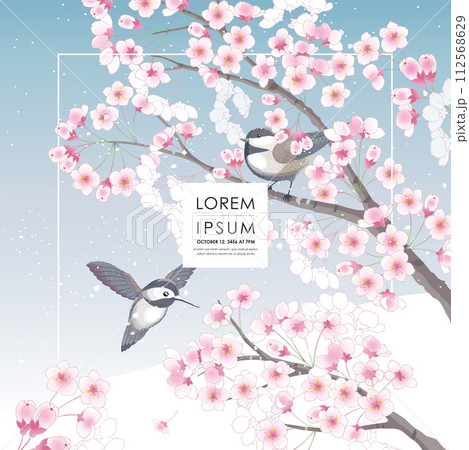 Vector editorial design frame of Korean spring scenery with cherry trees in full bloom. Design for social media, party invitation, Frame Clip Art and Business Advertisement Vector editorial design frame of Korean spring scenery with cherry trees in full bloom. Design for social media, party invitation, Frame Clip Art and Business Advertisement 112568629