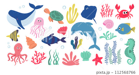 Cute aquatic animals, shells and plants 112568766