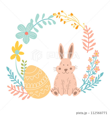 Composition with easter bunny, egg and flowers. Wreath 112568771