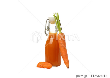 PNG, carrot juice in glass bottles, isolated on white background. 112569018