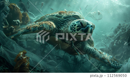 漁網に絡まったウミガメ 112569050