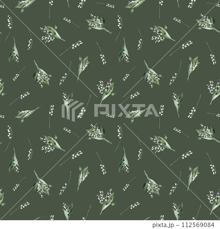 Floral pattern spring lily of the valley. Watercolor seamless background flowers. Cute Print for textile design or wallpaper. Hand drawn illustration with flowers, buds, leaves and stems. 112569084