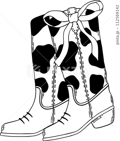 Coquette cowgirl outline with bow element doodle hand drawing  112569142
