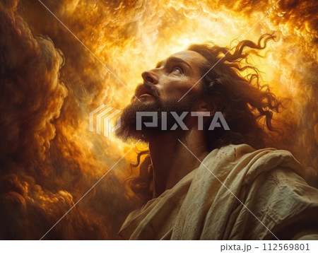 AI-generated content. A man with long hair stands in front of a painting, possibly depicting the ascension of Jesus Christ into heaven. 112569801