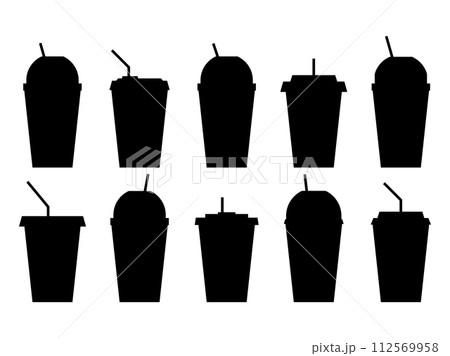 Black silhouettes of plastic or paper cups with straw icons set isolated on white background. Plastic cups for carbonated drinks. Fizzy soft drinks. Design for advertising product. Vector illustration 112569958