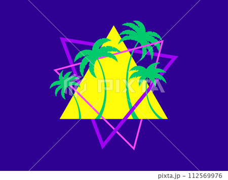 Palm trees in the futuristic style of the 80s. Triangle with silhouettes of tropical palm trees synthwave 80s. Design for banners and posters, advertising products. Vector illustration 112569976