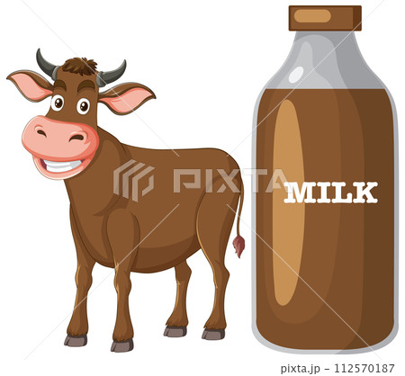 Happy Cow and Milk Bottle Illustration 112570187