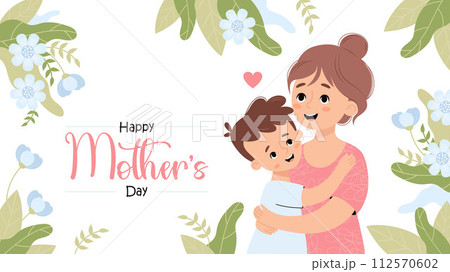 Mother's Day poster. Happy woman mom hugs son on white background with blue flowers. Horizontal festive floral banner. Vector illustration in flat cartoon style Mother's Day poster. Happy woman mom hugs son on white background with blue flowers. Horizontal festive floral banner. Vector illustration in flat cartoon style 112570602