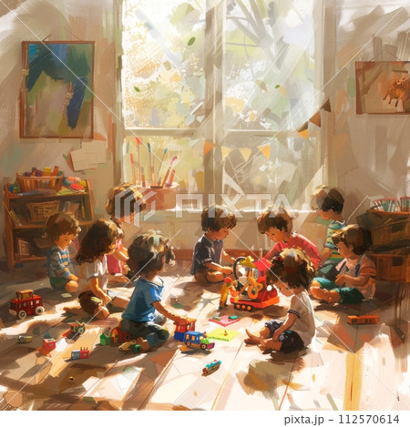 Captivating digital illustration of children engaging in playful activities in a sunlit room 112570614