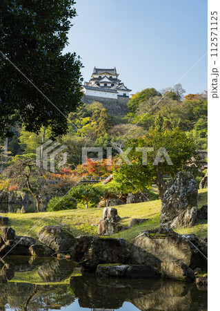 日本 滋賀県彦根市の大名庭園、玄宮園の魚躍沼と鶴鳴渚と彦根城の天守閣 日本 滋賀県彦根市の大名庭園、玄宮園の魚躍沼と鶴鳴渚と彦根城の天守閣 112571125