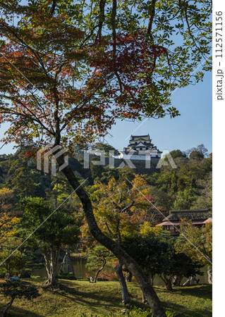 日本 滋賀県彦根市の大名庭園、玄宮園の紅葉と彦根城の天守閣 日本 滋賀県彦根市の大名庭園、玄宮園の紅葉と彦根城の天守閣 112571156