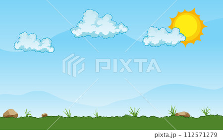 Summer landscape with green grassy field under a clear blue sky with white clouds and shining sun - vector illustration 112571279