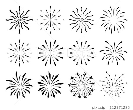 Collection of flat fireworks. Festive sparkles, carnival salutes. Outline firework explosion vector elements. Sketch pyrotechnics celebrate stars 112571286