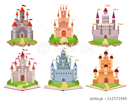 Fairy tale castle set. Medieval royal mansion architecture. Beautiful fairy-tale towers for princess, historic fortified buildings. Knight castle. Isolated cartoon vector illustration Fairy tale castle set. Medieval royal mansion architecture. Beautiful fairy-tale towers for princess, historic fortified buildings. Knight castle. Isolated cartoon vector illustration 112571440