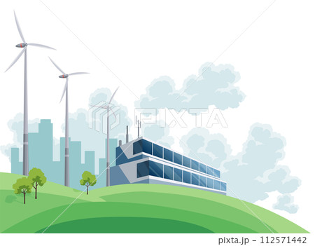 Clean electric energy concept. Renewable electricity resource from wind turbines. Ecological change of the future. City skyline and nature landscape on background 112571442