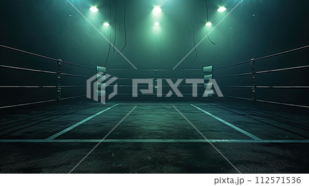 AI-generated content. A photo of a boxing ring drenched in darkness, illuminated only by the lights hanging from the ceiling, creating an intense atmosphere for a fight night. 112571536