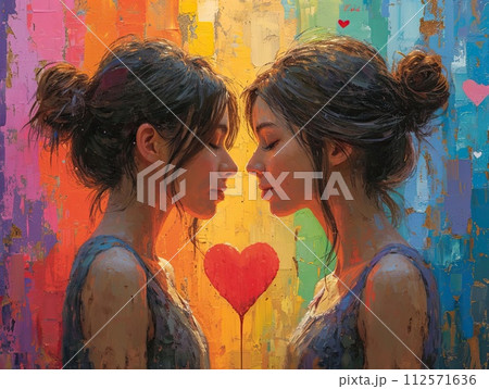 AI-generated content. A vibrant artwork showcasing two women exchanging meaningful words as they face each other. 112571636
