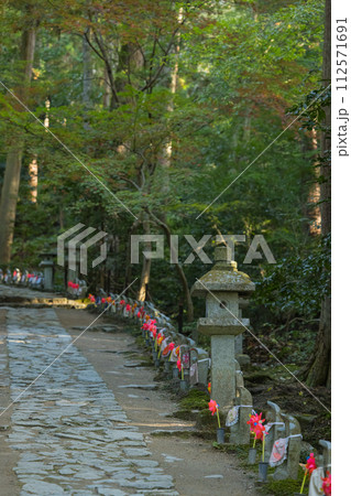 日本 滋賀県愛知郡愛荘町にある湖東三山の一つ、金剛輪寺の参道沿いに並ぶ地蔵 日本 滋賀県愛知郡愛荘町にある湖東三山の一つ、金剛輪寺の参道沿いに並ぶ地蔵 112571691