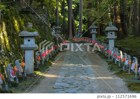 日本 滋賀県愛知郡愛荘町にある湖東三山の一つ、金剛輪寺の参道沿いに並ぶ地蔵 日本 滋賀県愛知郡愛荘町にある湖東三山の一つ、金剛輪寺の参道沿いに並ぶ地蔵 112571696