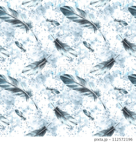 Watercolor seamless pattern Monochrome bird feathers on grey watercolor stains background with granulation of shades, ornaments. Quills wings drawing illustration. Wallpaper wrapping fabric Isolated Watercolor seamless pattern Monochrome bird feathers on grey watercolor stains background with granulation of shades, ornaments. Quills wings drawing illustration. Wallpaper wrapping fabric Isolated 112572196