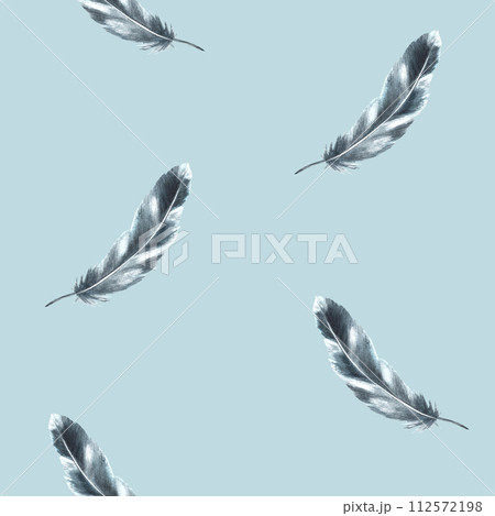 Watercolor seamless pattern. Monochrome gray black bird feathers with granulation of shades, ornaments Quills wings drawing illustration Wallpaper wrapping fabric Isolated light coloured background 112572198
