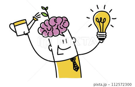Man, watering can, plants, brain, holds a light bulb in his hand. Man, watering can, plants, brain, holds a light bulb in his hand. 112572300