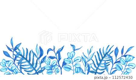 Blue watercolor leaves horizontal frame for card or invitations.Hand drawn greenery bouquet, vector isolated illustration. 112572430