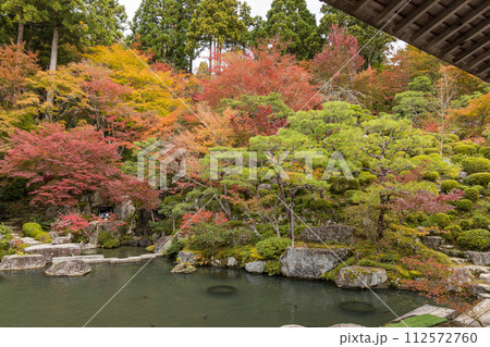 日本　滋賀県東近江市にある湖東三山の一つ、百済寺の本坊喜見院から見える本坊庭園と紅葉 112572760