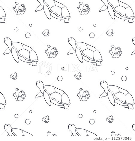 Seamless pattern with undersea animal turtle in line art style. Seashell, coral, seaweed, bubbles. Vector illustration on a white background. 112573049