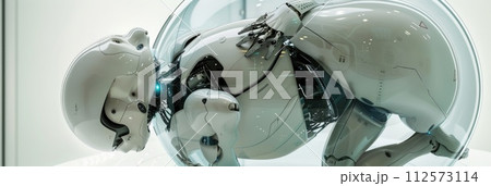 AI-generated content. A photograph showcasing a pregnant robot displayed in a glass case, featuring a striking combination of black and white colors. AI-generated content. A photograph showcasing a pregnant robot displayed in a glass case, featuring a striking combination of black and white colors. 112573114