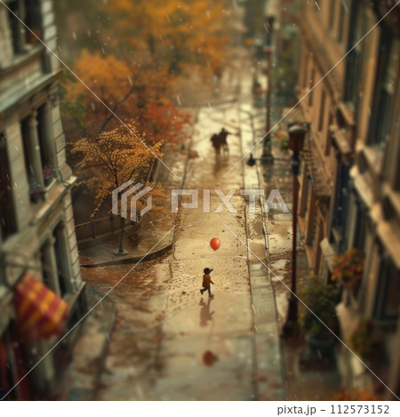 AI-generated content. A small child is seen walking down a street that is wet from the rain. 112573152