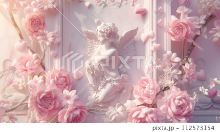AI-generated content. A pink flower-adorned wall serves as the backdrop for a statue of an angel, capturing a serene scene of natural beauty. 112573154