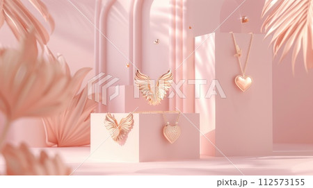 AI-generated content. A photo showcasing a pink room adorned with luxurious gold jewelry and vibrant palm leaves. AI-generated content. A photo showcasing a pink room adorned with luxurious gold jewelry and vibrant palm leaves. 112573155