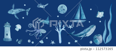 Watercolor hand-drawn blue monochromatic border isolated on dark blue. Whales, manta rays, shells, starfish, jellyfish and octopus 112573165