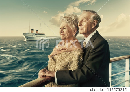 AI-generated content. An elderly man and woman standing on a boat as it sails in the ocean. 112573215