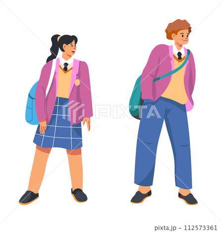 Boy and girl cartoon characters in school outfits 112573361