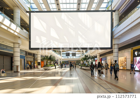 AI-generated content. Mockup of a blank, empty billboard, facing the camera, large and busy shopping mall hall, blurred moving people 112573771
